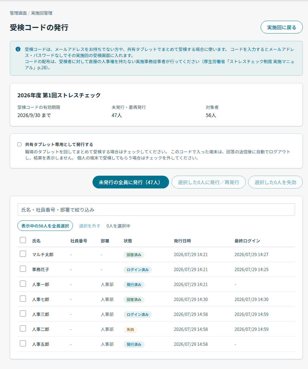 受検コードの発行画面。対象者56人のうち未発行47人と表示され、氏名・部署・状態(未発行/発行済み/ログイン済み/回答済み/失効)が一覧になっている